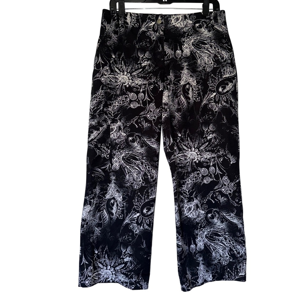 Chicos Black White Botanical Paisley Print Crop Pants Size 1.5 L Large Straight